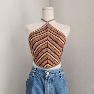 Knit Chevron Stripe Cropped Halter Top Brown Orange Green Tie Back XS